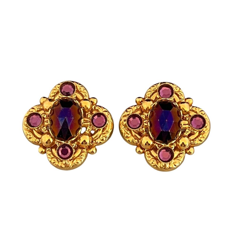 Vintage 1980s Kirks Folly Earrings Purple Faceted Stone Gold Tone - 7Y